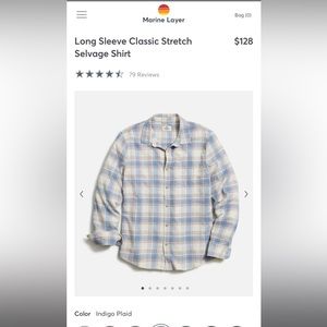 Marine Layer Men’s Large Long Sleeve Classic Stretch Selvage Shirt Indigo Plaid